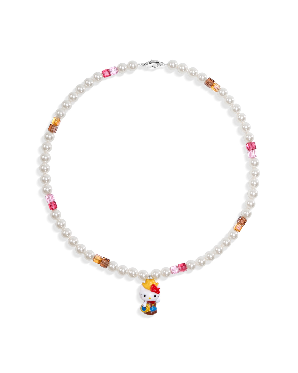 Handmade pink and amber Swarovski crystal and pearl charm necklace with vintage pendant - flat lay