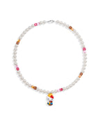 Handmade pink and amber Swarovski crystal and pearl charm necklace with vintage pendant - flat lay
