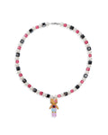 Handmade black white and pink Swarovski crystal and pearl charm necklace with vintage pendant - flat lay