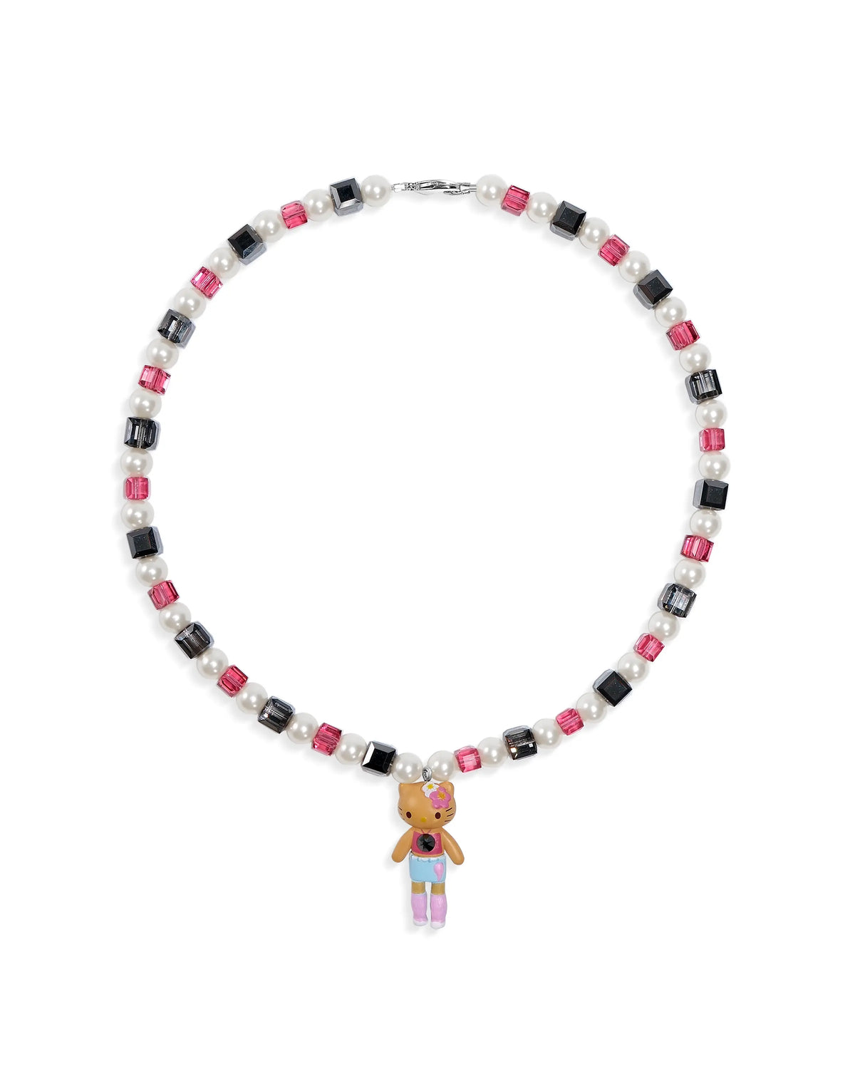 Handmade black white and pink Swarovski crystal and pearl charm necklace with vintage pendant - flat lay