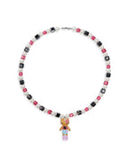 Handmade black white and pink Swarovski crystal and pearl charm necklace with vintage pendant - flat lay