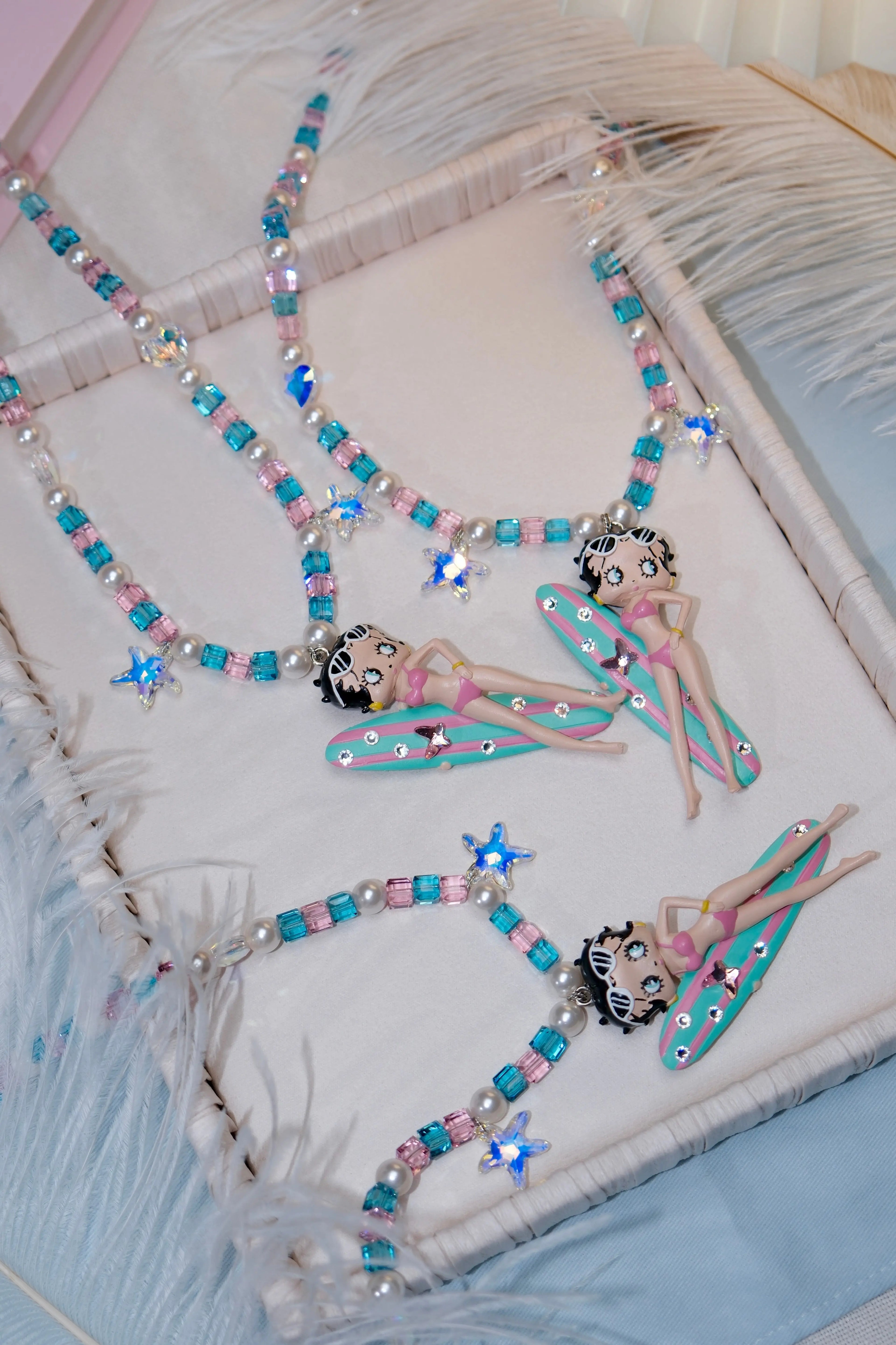 Pink Star Surf Vintage Charm Swarovski Necklace