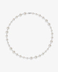 Handmade Swarovski pearl necklace petite length with white pearls and silver chain - flat lay