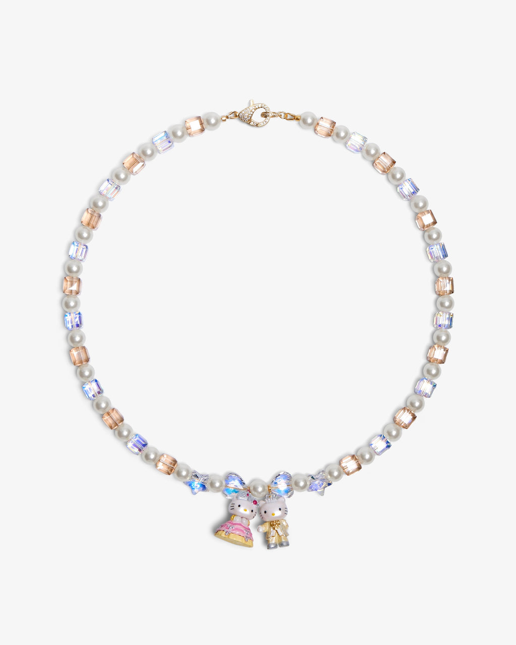 Handmade Swarovski crystal and pearl charm necklace with vintage wedding pendants - flat lay