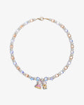 Handmade Swarovski crystal and pearl charm necklace with vintage wedding pendants - flat lay