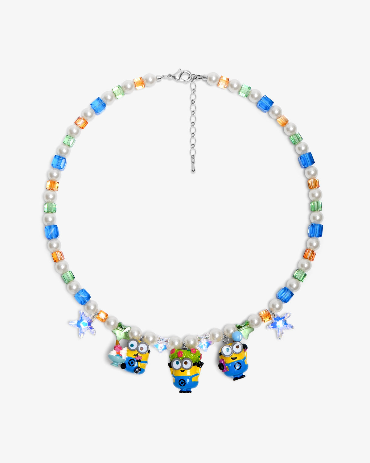 Handmade yellow Swarovski crystal and pearl charm necklace with three vintage pendants - flat lay