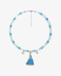 Handmade blue and silver Swarovski crystal and pearl charm necklace with vintage pendant - flat lay