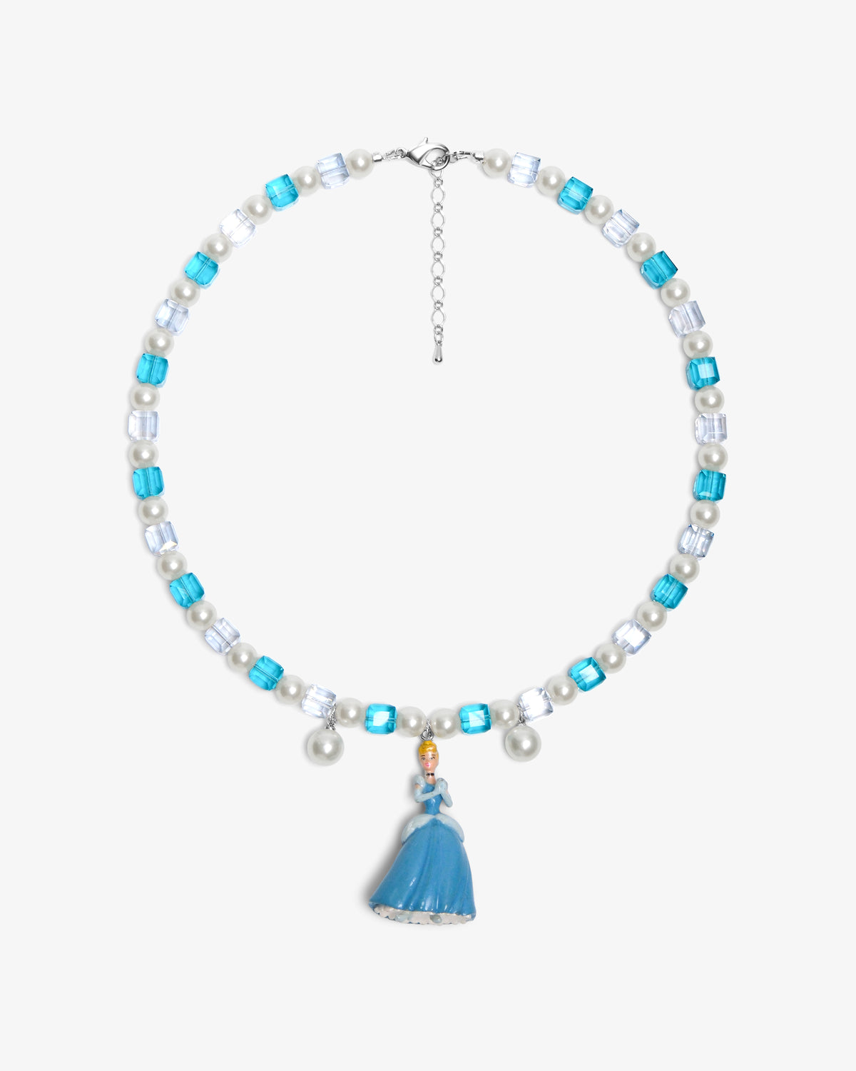 Handmade blue and silver Swarovski crystal and pearl charm necklace with vintage pendant - flat lay
