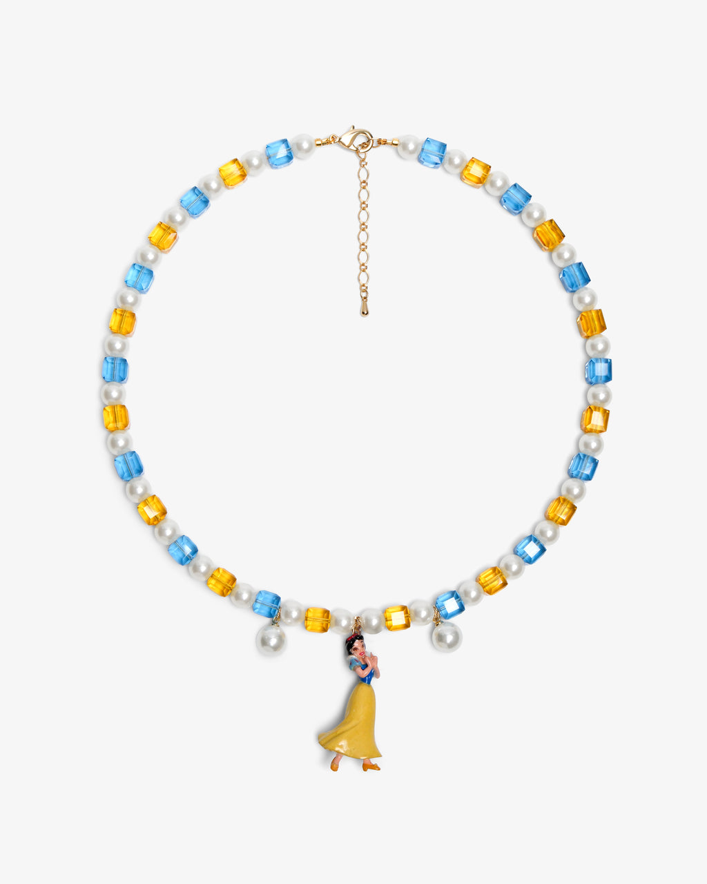 Handmade red blue and yellow Swarovski crystal and pearl charm necklace with vintage pendant - flat lay