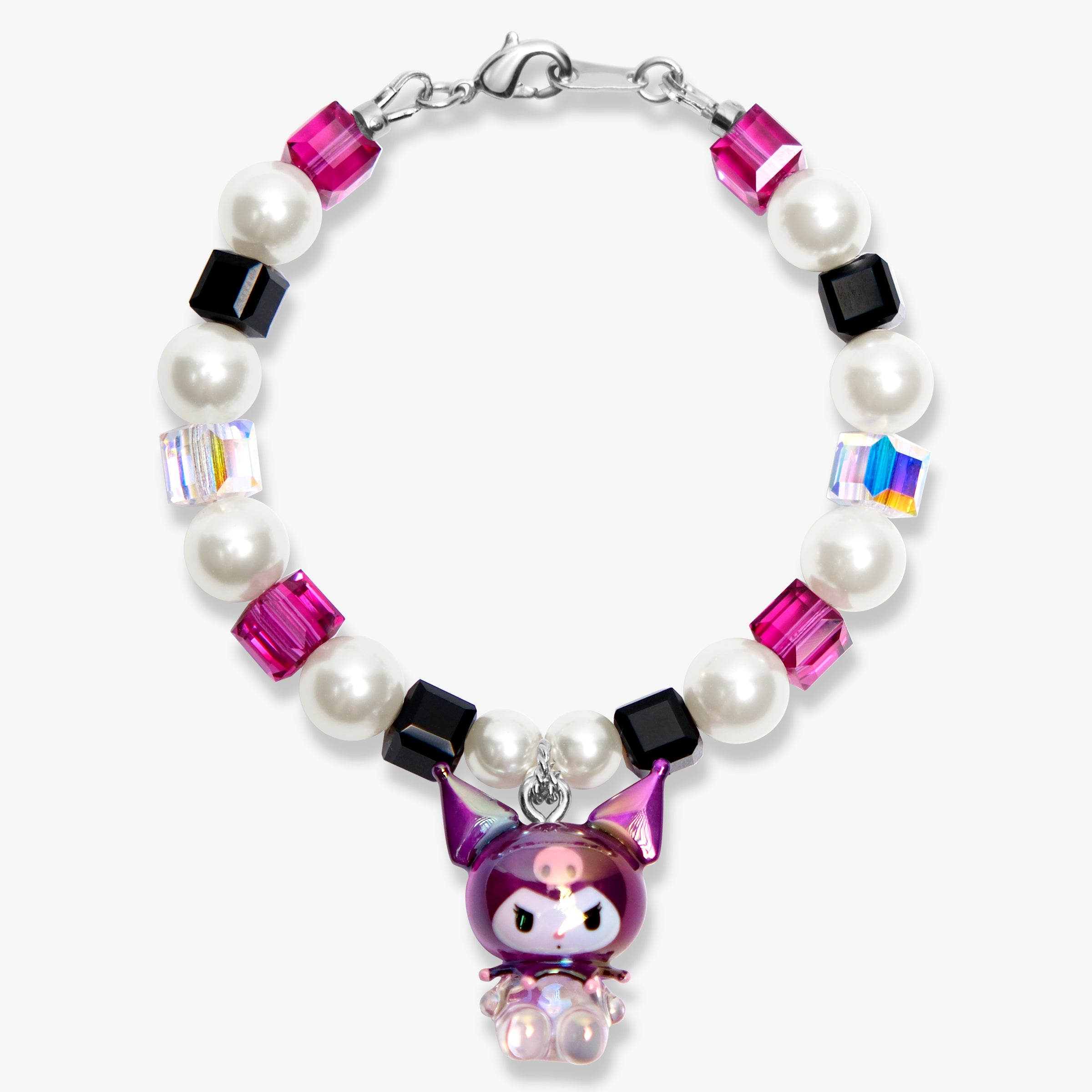 Studio product photo of a handmade purple Swarovski crystal charm bracelet with pearls and vintage-inspired charm details.