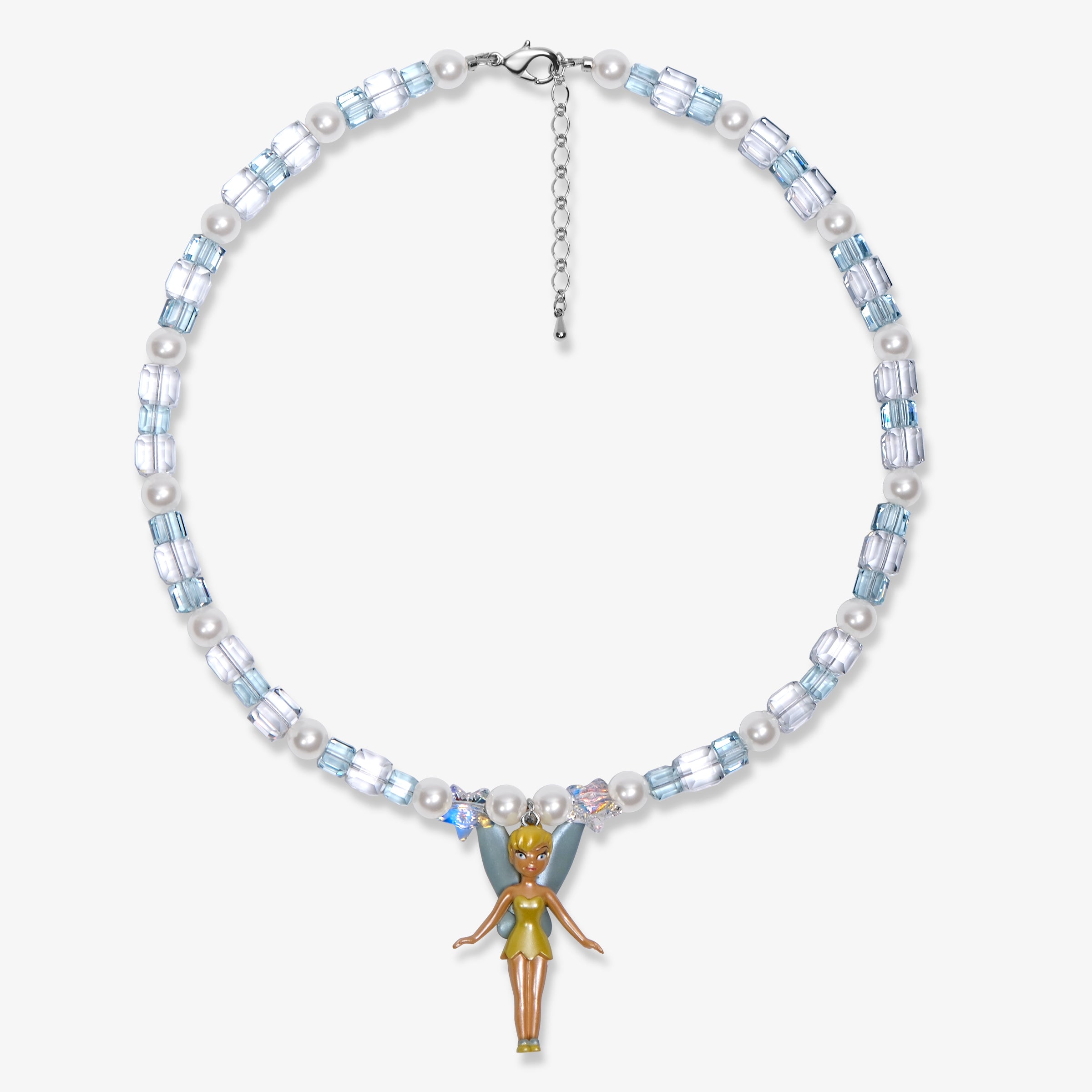 Studio product photo of a handmade blue Swarovski crystal charm necklace with pearls and vintage-inspired charm details.