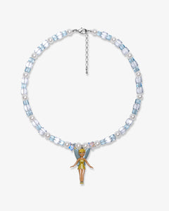 Studio product photo of a handmade blue Swarovski crystal charm necklace with pearls and vintage-inspired charm details.