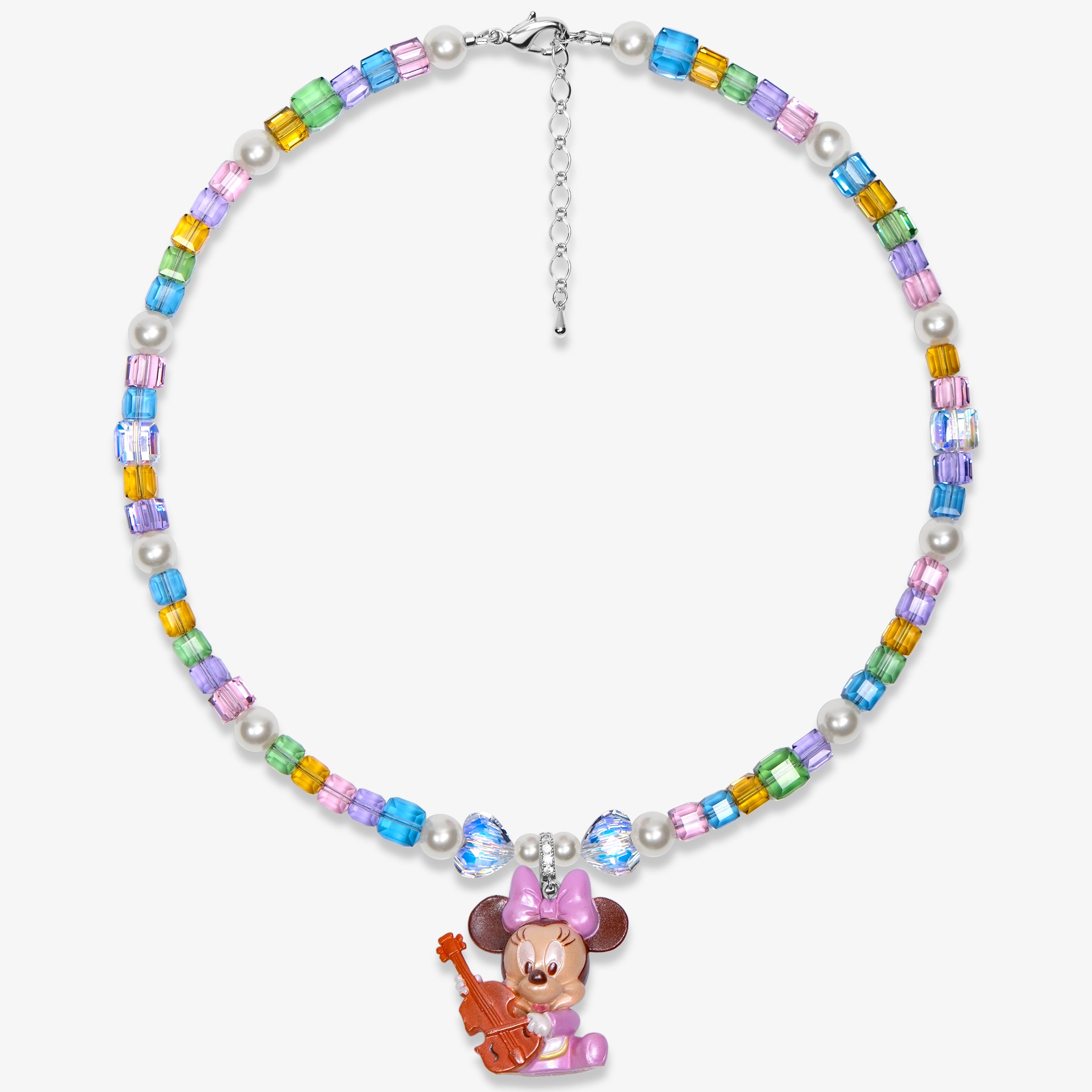 Studio product photo of a handmade rainbow Swarovski crystal charm necklace with pearls and vintage-inspired charm details.