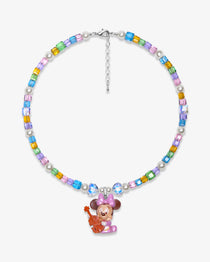 Studio product photo of a handmade rainbow Swarovski crystal charm necklace with pearls and vintage-inspired charm details.