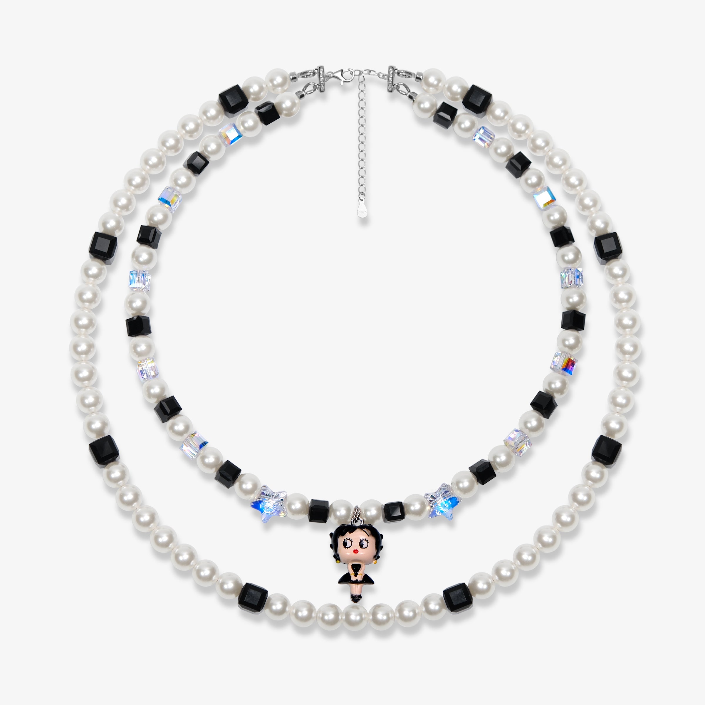 Double-layer handmade Swarovski crystal charm necklace with white pearls, black cube crystals, iridescent star crystals, and vintage starlet charm.