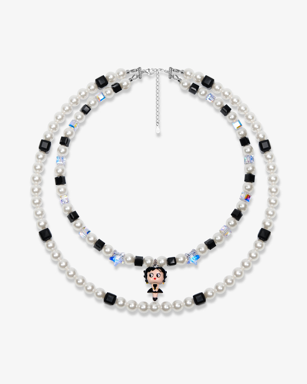 Double-layer handmade Swarovski crystal charm necklace with white pearls, black cube crystals, iridescent star crystals, and vintage starlet charm.