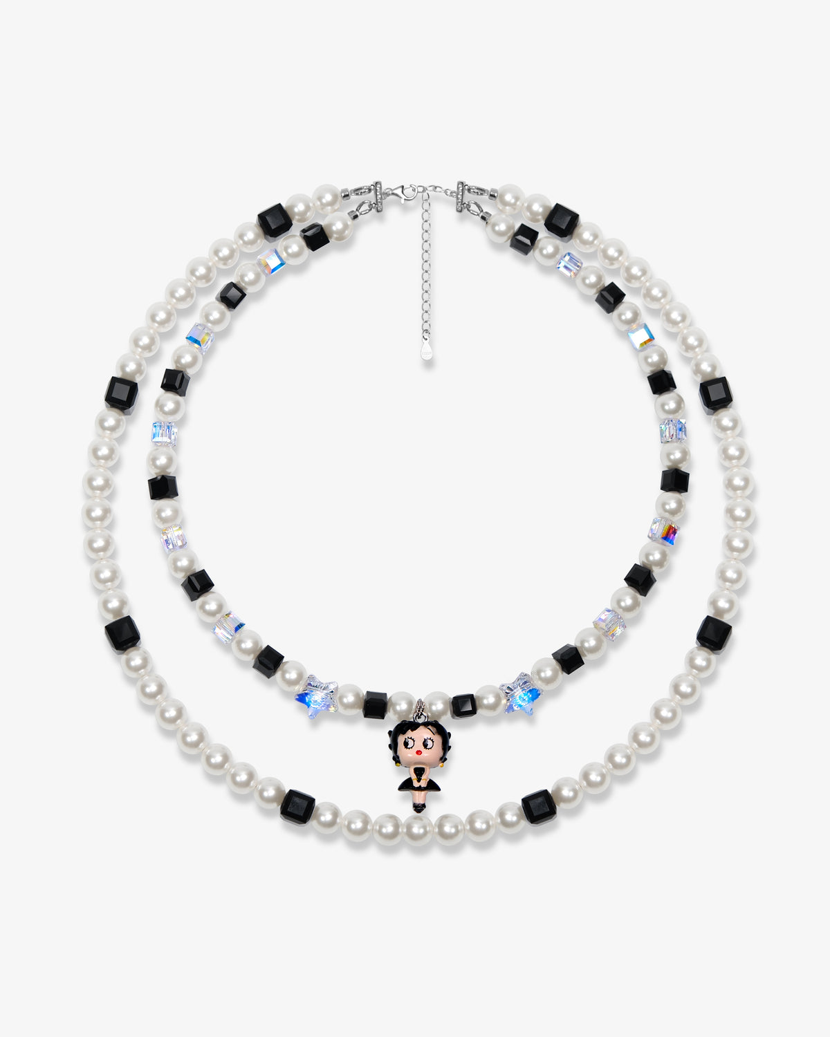 Double-layer handmade Swarovski crystal charm necklace with white pearls, black cube crystals, iridescent star crystals, and vintage starlet charm.