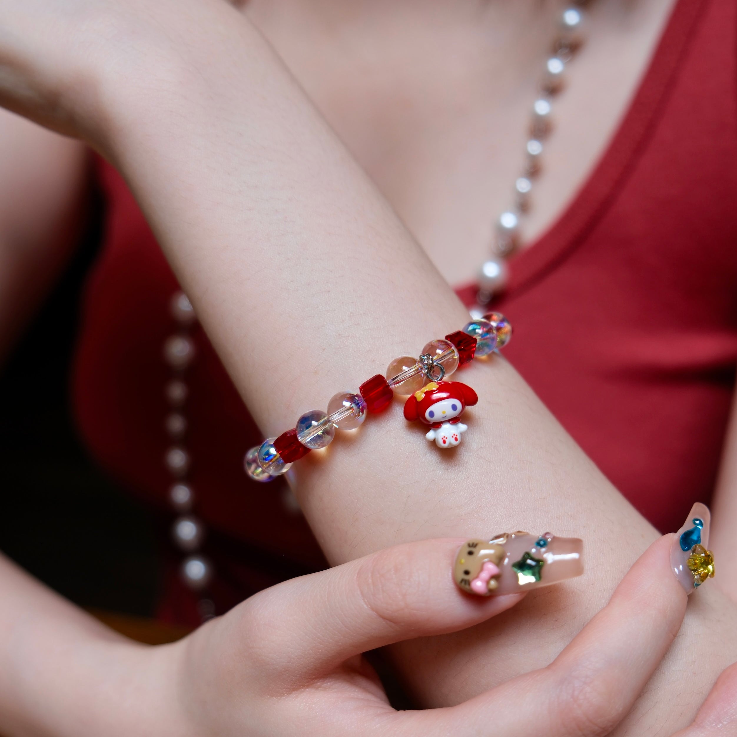 Red Puppy Bracelet product photo, handmade charm bracelet by Shinora Studio