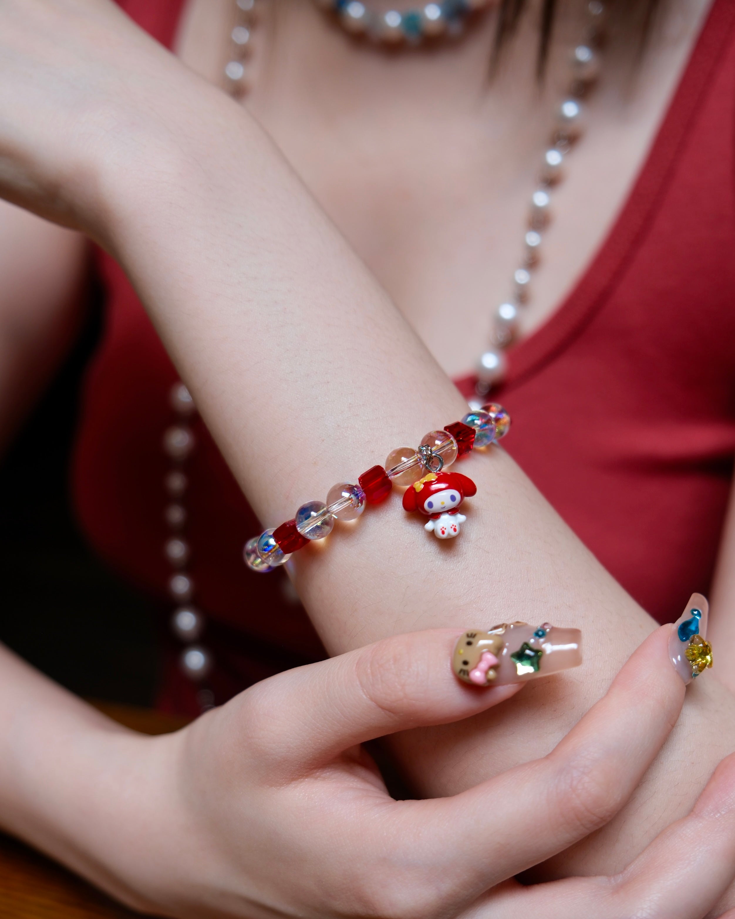 Red Puppy Bracelet product photo, handmade charm bracelet by Shinora Studio