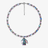 Studio product photo of a handmade blue elephant charm necklace with gray Swarovski pearls, pink beads, and iridescent crystal accents.