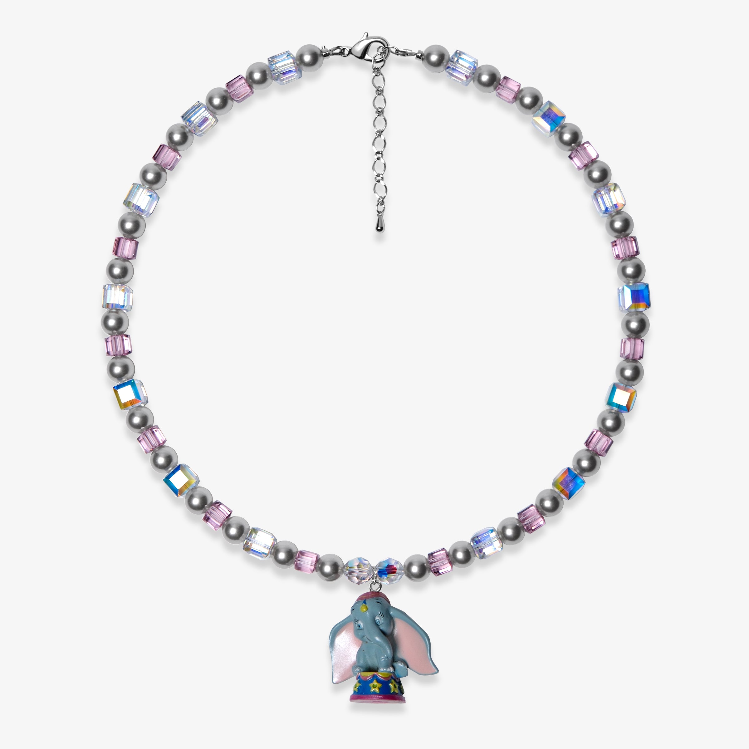 Studio product photo of a handmade blue elephant charm necklace with gray Swarovski pearls, pink beads, and iridescent crystal accents.