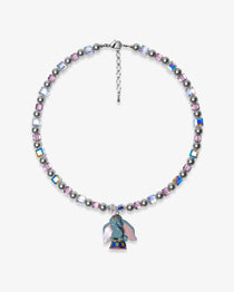 Studio product photo of a handmade blue elephant charm necklace with gray Swarovski pearls, pink beads, and iridescent crystal accents.