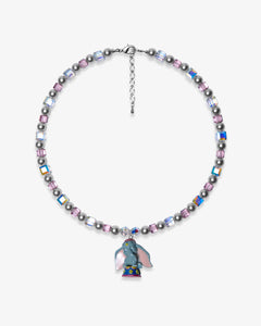 Studio product photo of a handmade blue elephant charm necklace with gray Swarovski pearls, pink beads, and iridescent crystal accents.