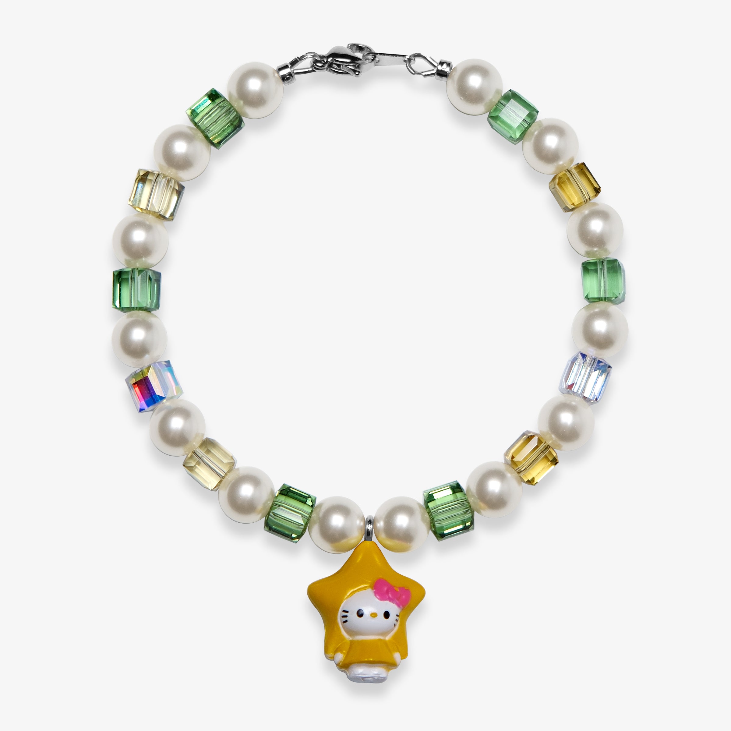 Studio product photo of a handmade yellow star charm bracelet with white Swarovski pearls and green, gold, and iridescent crystal beads.