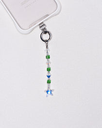 Product photo showing Green Swarovski crystal straight phone chain with a star charm and silver-tone phone hardware.
