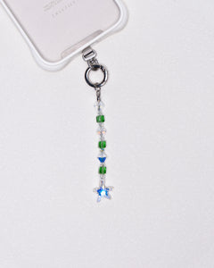 Product photo showing Green Swarovski crystal straight phone chain with a star charm and silver-tone phone hardware.