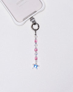 Product photo showing Pink Swarovski crystal straight phone chain with a star charm and silver-tone phone hardware.