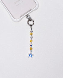 Product photo showing Yellow Swarovski crystal straight phone chain with a star charm and silver-tone phone hardware.