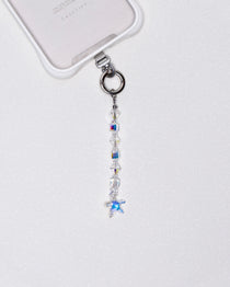 Product photo showing White Swarovski crystal straight phone chain with a star charm and silver-tone phone hardware.