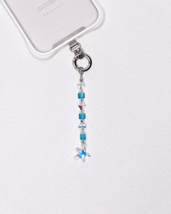 Product photo showing Blue Swarovski crystal straight phone chain with a star charm and silver-tone phone hardware.