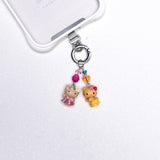 Tropical cat duo vintage phone charm with pink and orange Swarovski crystal accents and silver-tone hardware