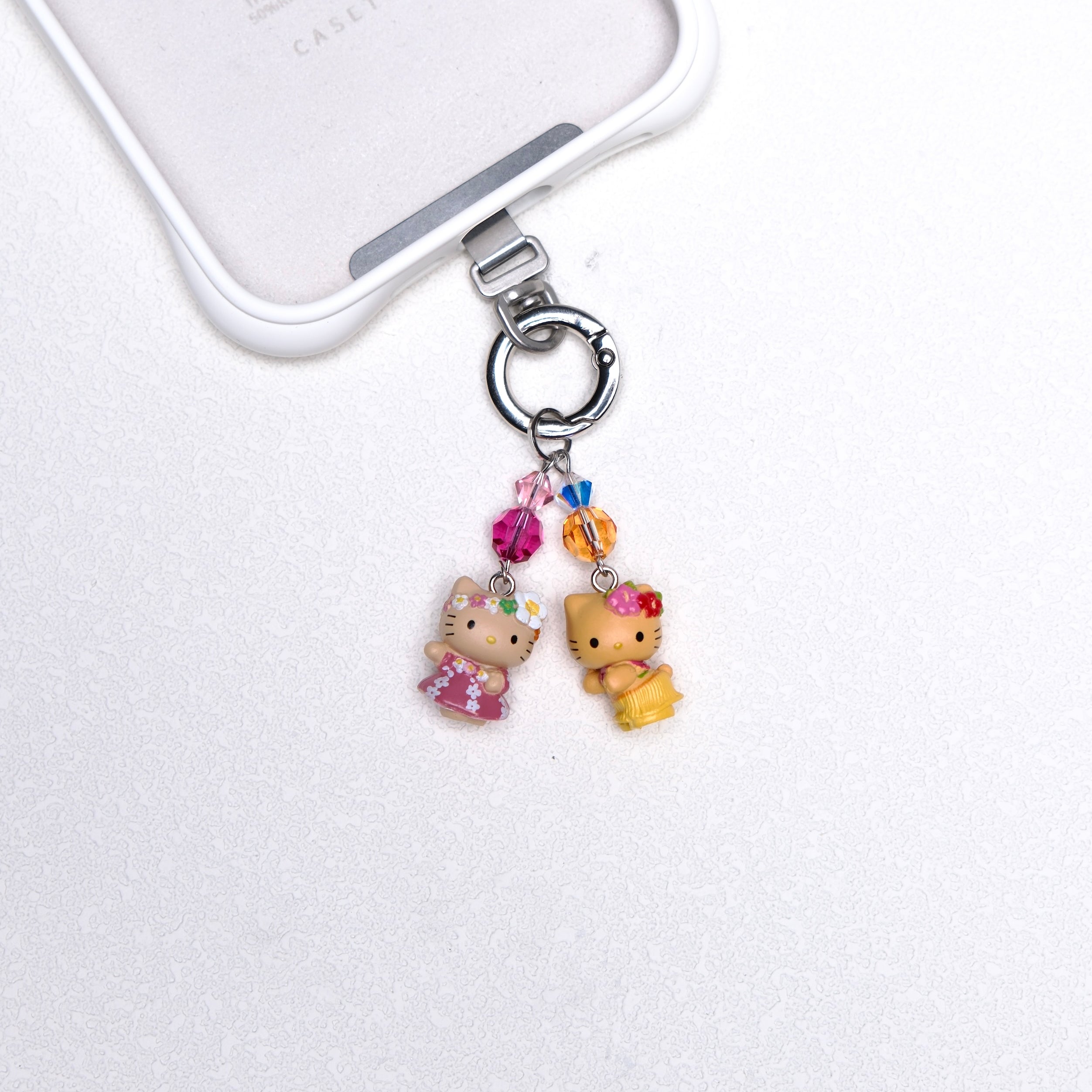 Tropical cat duo vintage phone charm with pink and orange Swarovski crystal accents and silver-tone hardware