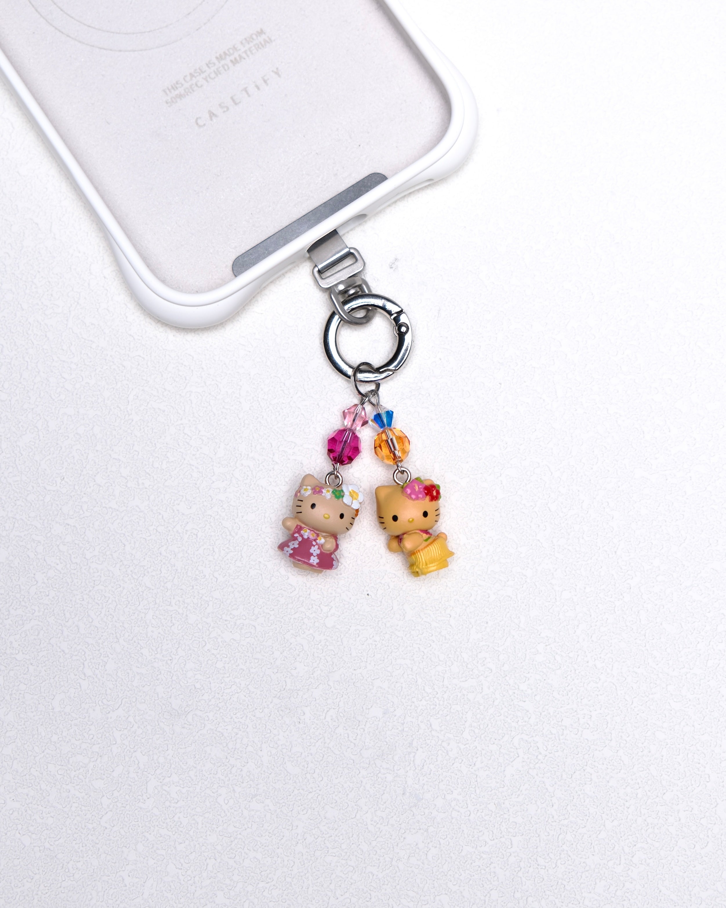 Tropical cat duo vintage phone charm with pink and orange Swarovski crystal accents and silver-tone hardware