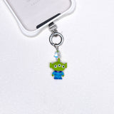 Green three-eye vintage phone charm with green Swarovski crystal accents and silver-tone hardware