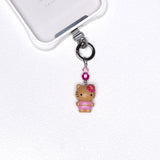 Pink flower cat vintage phone charm with pink Swarovski crystal accents and silver-tone hardware