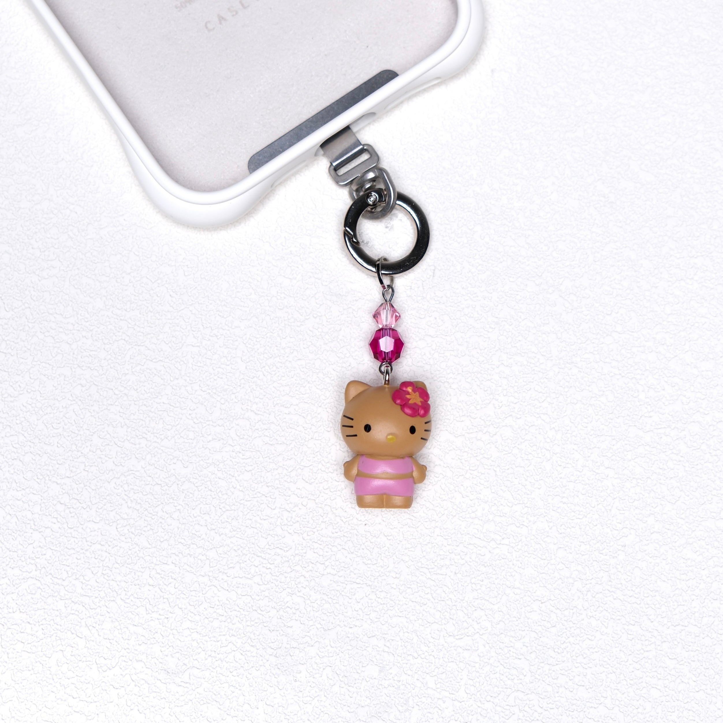 Pink flower cat vintage phone charm with pink Swarovski crystal accents and silver-tone hardware