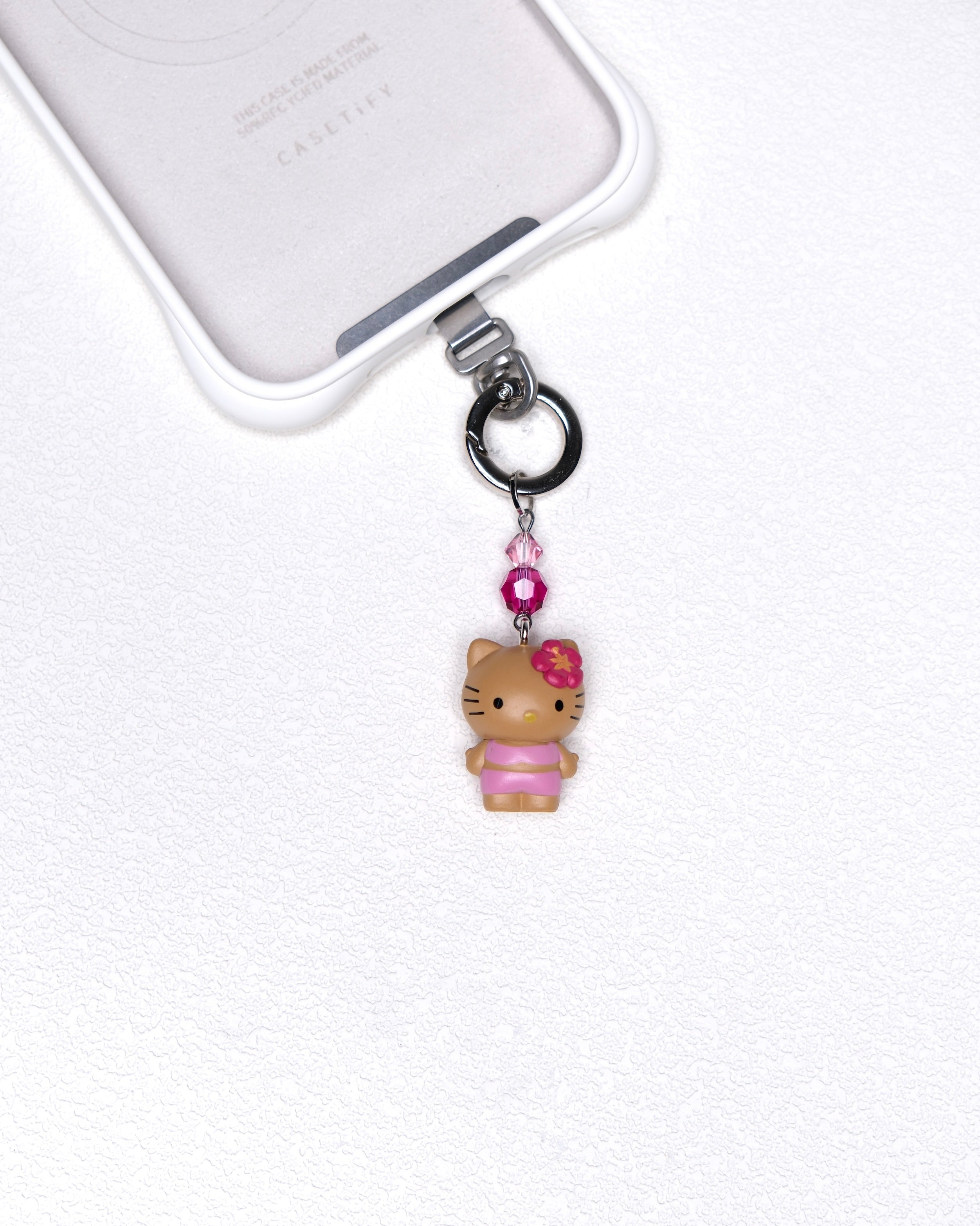Pink flower cat vintage phone charm with pink Swarovski crystal accents and silver-tone hardware