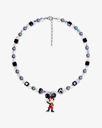 Product photo of a black and silver mouse charm necklace with gray pearls and black crystal beads.