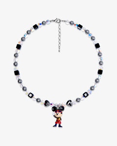 Product photo of a black and silver mouse charm necklace with gray pearls and black crystal beads.