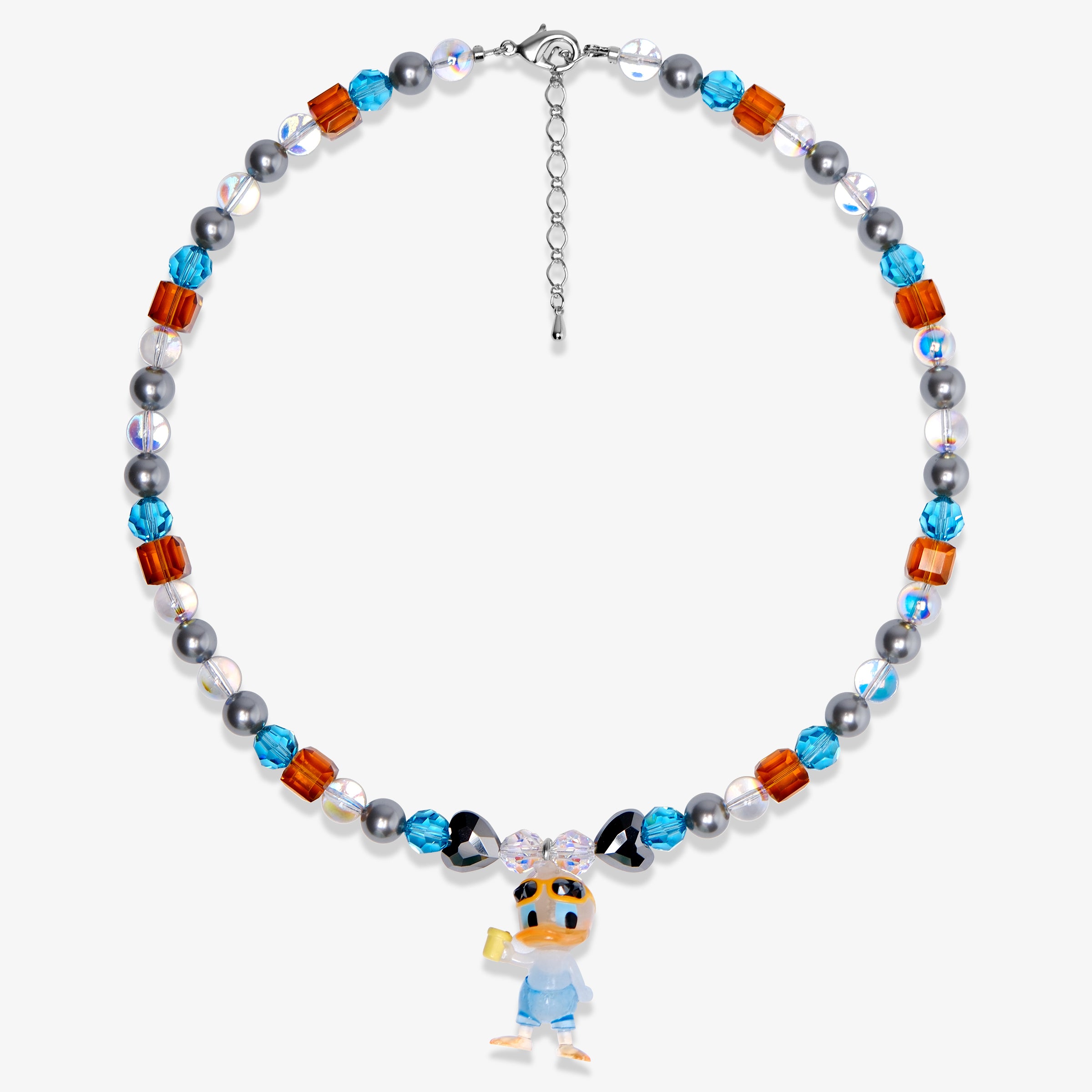 Product photo of an orange and blue duck charm necklace with gray pearls and faceted crystal beads.