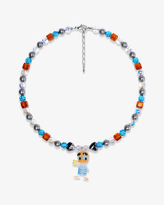 Product photo of an orange and blue duck charm necklace with gray pearls and faceted crystal beads.