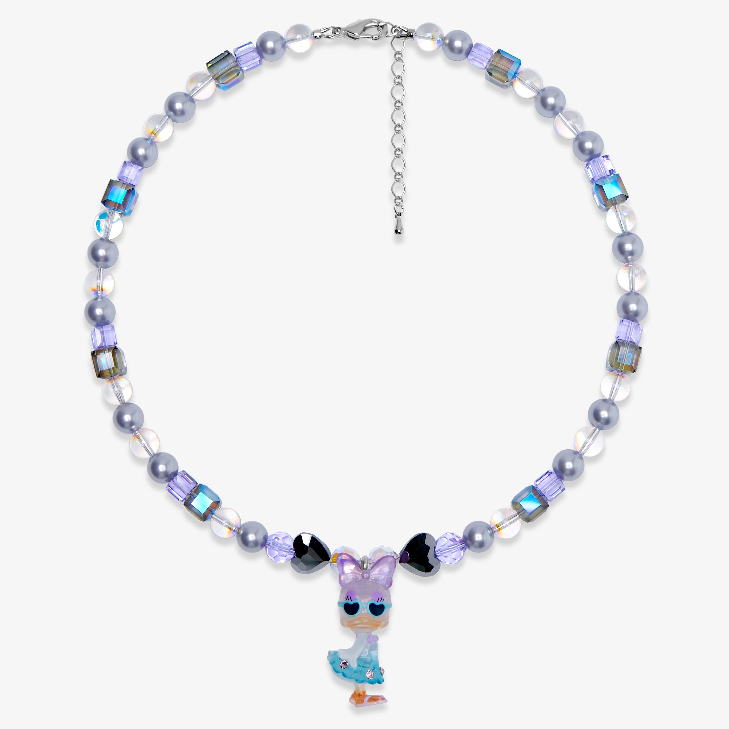 Product photo of a lavender and blue duck charm necklace with pearl and iridescent crystal beads.