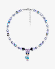 Product photo of a lavender and blue duck charm necklace with pearl and iridescent crystal beads.