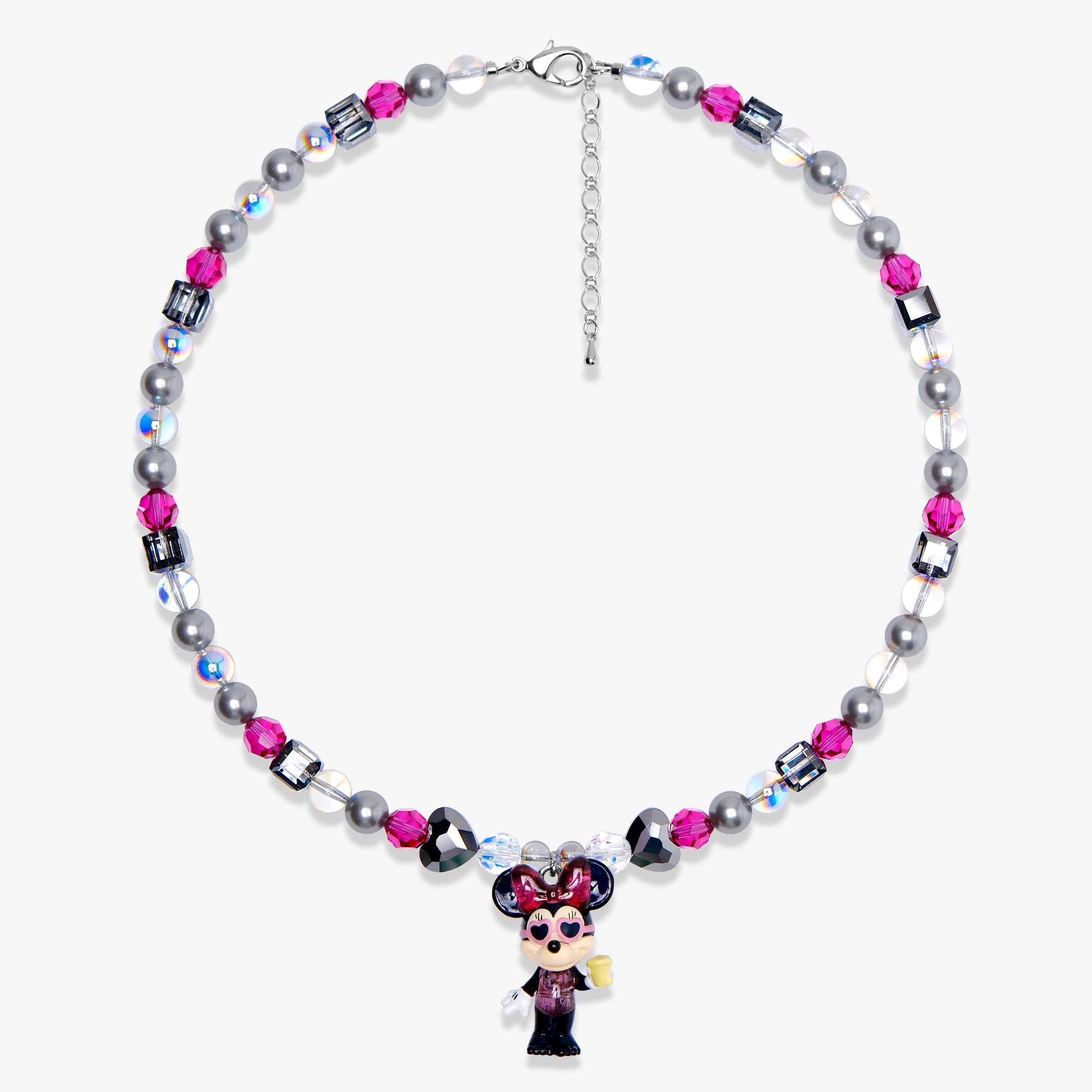 Product photo of a pink and silver mouse charm necklace with gray pearls and pink crystal beads.