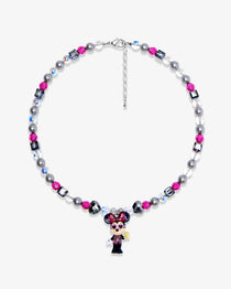 Product photo of a pink and silver mouse charm necklace with gray pearls and pink crystal beads.