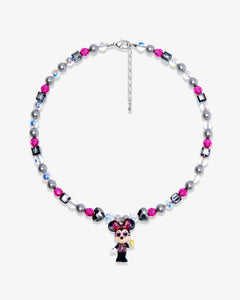 Product photo of a pink and silver mouse charm necklace with gray pearls and pink crystal beads.